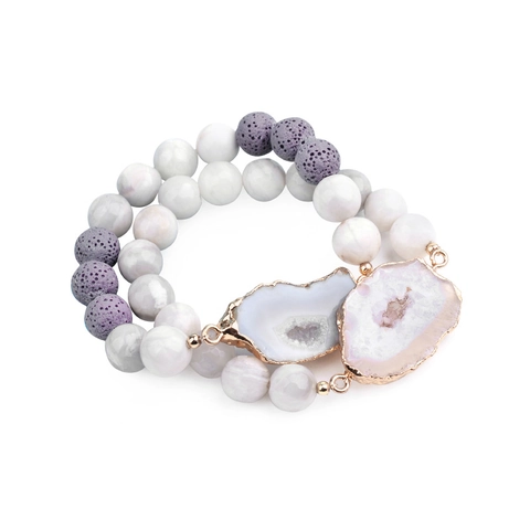Bracelet en Perles d'Agate Naturelle Druzy pour Femmes Fait à la Main Perles de Pierre Élastique Style Ethnique Bohème Bijoux Plaqué Or