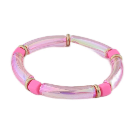 Bohemian Colorful Acrylic Curved Tube Elastic Bracelet Iridescent Resin Bamboo Joint Hand Chain Alloy Spacers Jewelry For Women