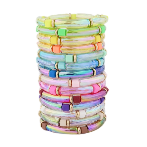 Bohemian Colorful Acrylic Curved Tube Elastic Bracelet Iridescent Resin Bamboo Joint Hand Chain Alloy Spacers Jewelry For Women