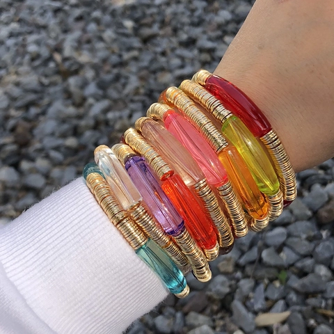 Boho Acryl Rohr Elastisch Armreif Armband Für Damen Vergoldet Legierung Metall Unterlegscheibe Marmor Druck Stapelbar Schmuck