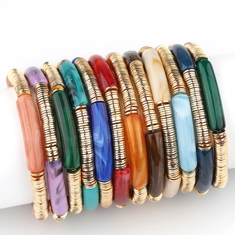 Boho Acryl Rohr Elastisch Armreif Armband Für Damen Vergoldet Legierung Metall Unterlegscheibe Marmor Druck Stapelbar Schmuck