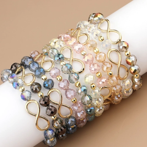Facettiertes Glas Kristall Perlenarmband Mit Goldenem Unendlich-Symbol Anhänger Elastisches Armband Mode Schmuck Für Damen