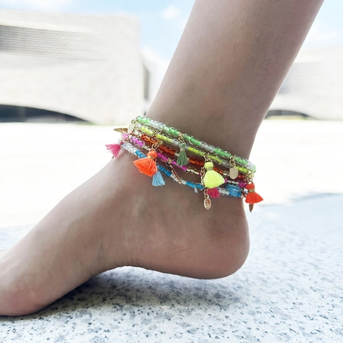 Tobillera de Abalorios Bohemia para Mujer Colgante de Borla Colorida Hoja Moneda Joyería de Pie Playa Cadena de Plástico Resina