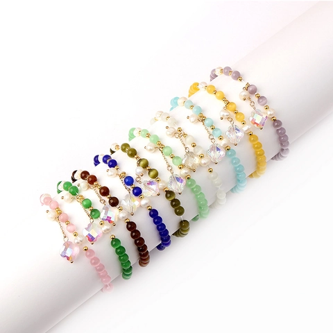 Sweet Cat Eye Stone Artificial Pearl Beaded Bracelet For Women Alloy Four Leaf Clover Pendant Crystal Bracelet Jewelry