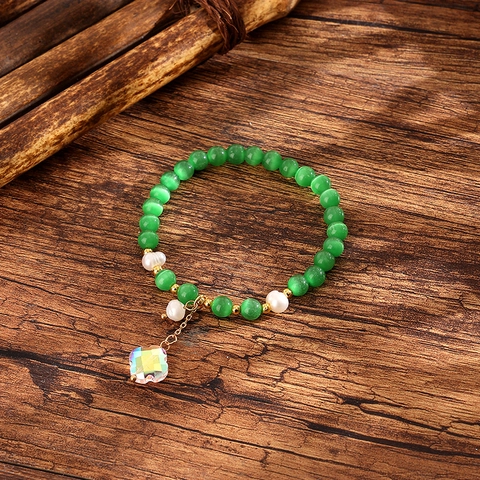Sweet Cat Eye Stone Artificial Pearl Beaded Bracelet For Women Alloy Four Leaf Clover Pendant Crystal Bracelet Jewelry