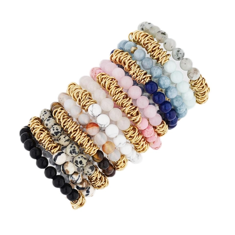 Böhmisches Naturstein Perlen Stretch Armband Für Damen Handgefertigt 8mm Kristall Howlith Rundperlen Gold Legierung Schmuck