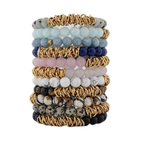 Böhmisches Naturstein Perlen Stretch Armband Für Damen Handgefertigt 8mm Kristall Howlith Rundperlen Gold Legierung Schmuck