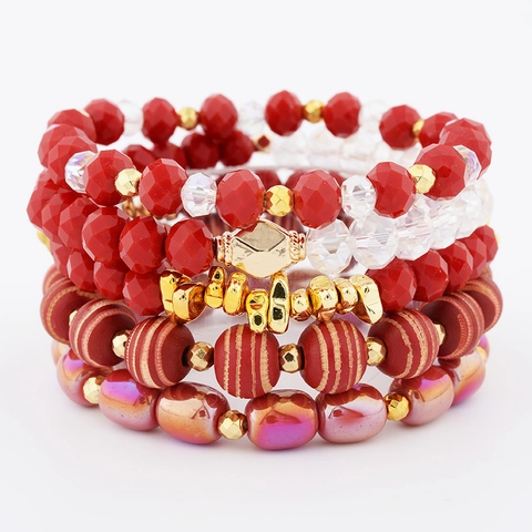 Bohemian Mehrlagiges Perlenarmband-Set Für Damen Künstlicher Kristall Gestreifte Holzperlen Legierungsanhänger Stapelbarer Schmuck Geschenk