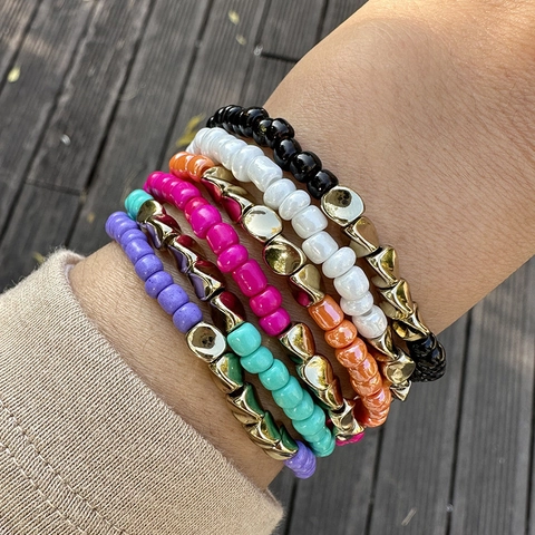 Handmade Bohemian Seed Bead Bracelet With Irregular Gold Copper Beads Minimalist Elastic String Bracelet For Women Men Jewelry