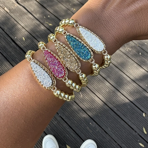 Boho Gold Plattiert Kupfer Rundperlen Elastisches Armband Für Damen Druzy Wassertropfen Anhänger Modeschmuck Geschenk