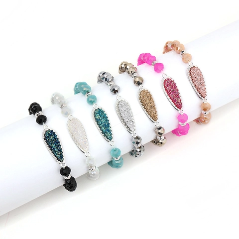 Vintage Alloy Faceted Beaded Bracelet For Women Artistic Resin Druzy Teardrop Pendant Elastic Hand Chain Jewelry Gift