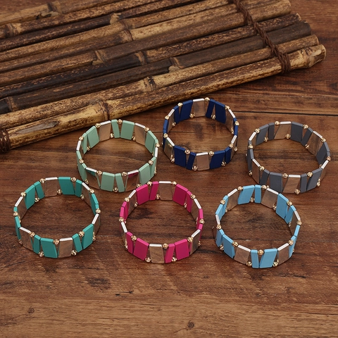 Handmade Tila Bead Elastic Bracelet For Women Bohemian Geometric Colorful Enamel Alloy Stretch Bracelet Fashion Jewelry Gift