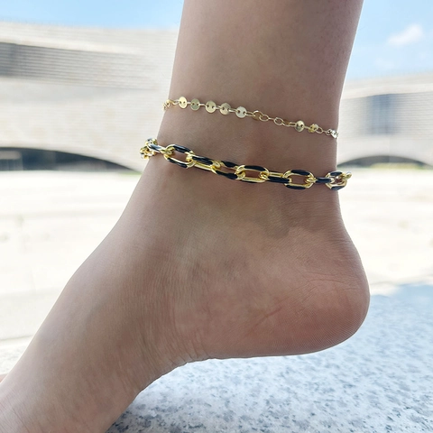 Bracelet de Cheville Bohème en Alliage Double Couche Émail Coloré Chaîne Pailletée Dorée Bijoux de Plage pour Femme