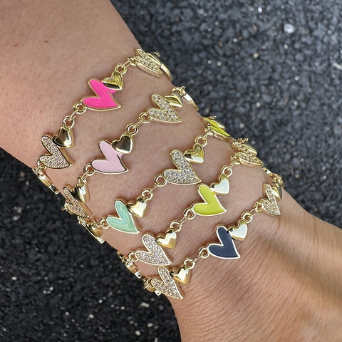 Mode Legierung Herz Armband Mehrfarbig Emaille Strass Pave Verstellbare Gliederkette Für Damen Valentinstag Schmuck Geschenk