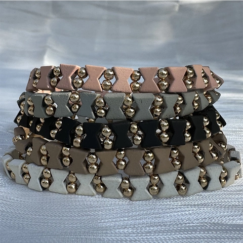 Pulsera de Cuentas con Lazo Vintage para Mujer Miyuki Tila Pulsera Elástica Geométrica Joyería Lacada Detalles Dorados