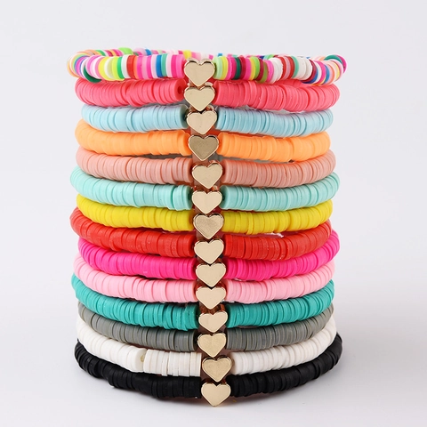 Boho Polymer Ton Heishi Perlen Herz Armband Für Damen Bunter Strand Schmuck Sommer Stapelbares Elastisches Armband