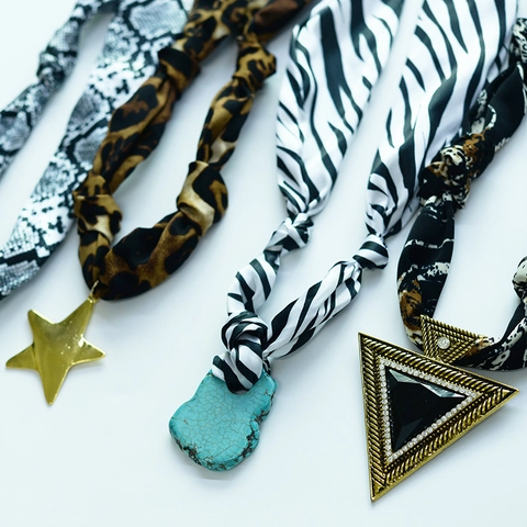 Fashion Women Scarf Necklace Printed Polyester Cord Stainless Steel Triangle Star Pendant Bohemian Statement Jewelry