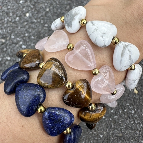 Vintage Naturstein Herzform Perlenarmband Für Damen Tigerauge Lapislazuli Rosenquarz Weißer Türkis Boho Schmuck