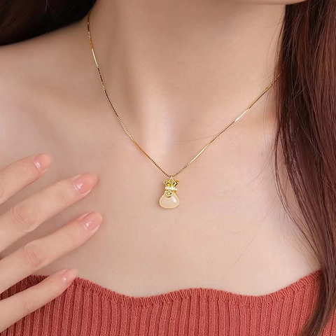 Roestvrij Stalen Gelukstas Halsketting Met Witte Chalcedoon Hanger Goud Zilver Zirconia Ingelegd Fortune Pouch Sleutelbeen Ketting Sieraden
