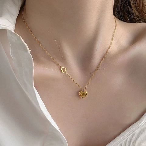 Double Heart Pendant Necklace Stainless Steel 18K Gold Plated Hollow Solid Heart Choker O-Chain For Women Fashion Jewelry