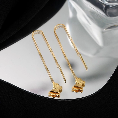 Butterfly Tassel Ear Threads Titanium Steel Frosted Double Layer Wings Long Drop Earrings For Women Niche Design Jewelry
