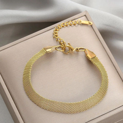 Women's Titanium Steel Braided Mesh Bracelet Necklace Jewelry Gold Plated Wide Mesh Band Adjustable Chain Jewelry Gift
