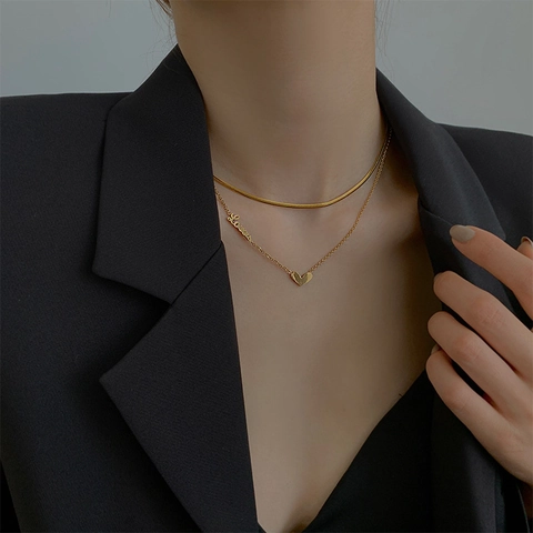 Doppellagige Halskette Mit Herzanhänger Titanstahl Love Buchstabe Charm Goldener Eleganter Modeschmuck Für Damen