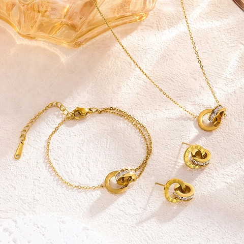 Collier Bracelet Et Boucles D'Oreilles En Acier Inoxydable Doubles Anneaux Chiffres Romains Bijoux Strass Pour Femme Cadeau