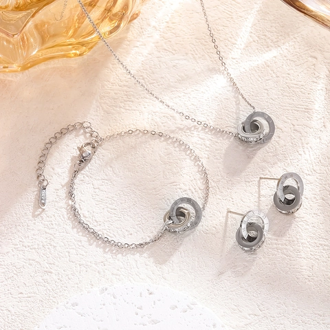 Collier Bracelet Et Boucles D'Oreilles En Acier Inoxydable Doubles Anneaux Chiffres Romains Bijoux Strass Pour Femme Cadeau