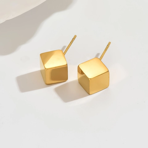 Minimalist Stainless Steel 14K Gold Plated Cube Stud Earrings Geometric High Polished Square Earrings For Women Jewelry