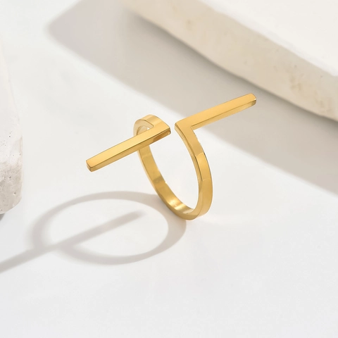 Minimalist Stainless Steel Geometric Line Open Ring For Women 14K Gold Plated Adjustable Cross Double Row Fashion Finger Ring Jewelry
