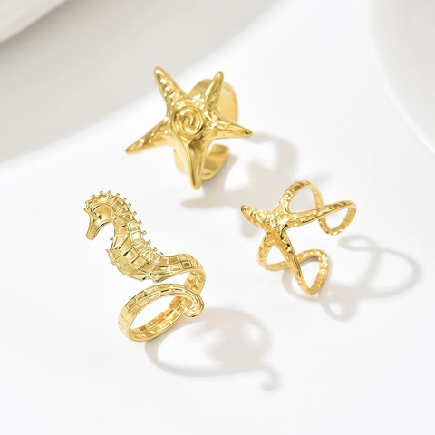 Minimalist Stainless Steel Gold Plated Seahorse Starfish Open Ring For Women Adjustable Animal Ocean Jewelry Fashion Accessories