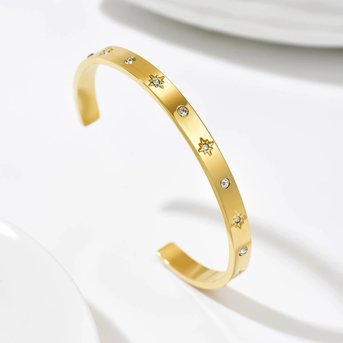 Brazalete Abierto de Acero Inoxidable Chapado en Oro de 14K para Mujer Flor Bambú Estrella Diamante de Imitación Perla Artificial