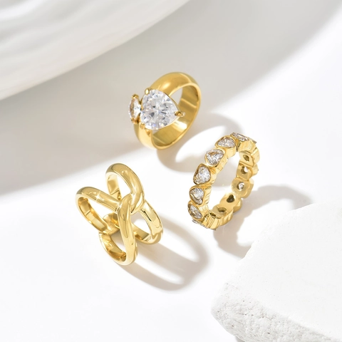 Fashion Stainless Steel 14K Gold Plated Heart Zirconia Ring Set Minimalist Geometric Criss Cross Finger Rings For Women Jewelry