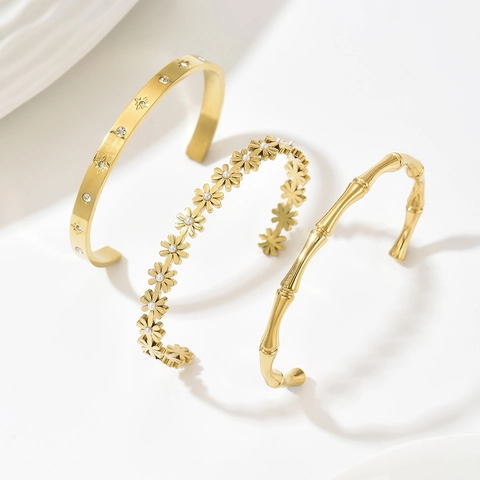 Brazalete Abierto de Acero Inoxidable Chapado en Oro de 14K para Mujer Flor Bambú Estrella Diamante de Imitación Perla Artificial