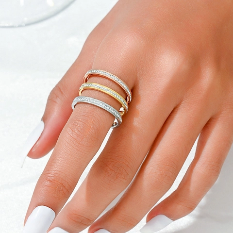 Anello in Acciaio al Titanio Minimalista per Donna Elegante Zirconia a Singola Fila Intarsiata Fascia Eternity Oro Argento Rosa Gioielli Moda