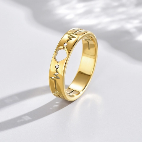 Anillo de Corazón con Latido ECG de Acero Inoxidable para Hombres Mujeres Pareja Chapado en Oro Corazón Hueco Strass Joyería de Moda