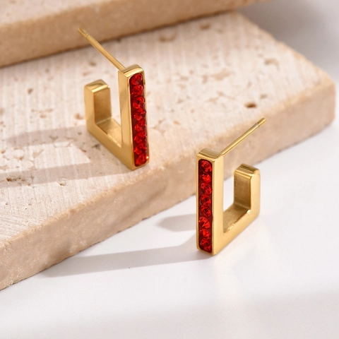 Titanium Steel Geometric Rectangular Hoop Earrings Gold Plated Inlaid Rhinestone J-Shaped Stud Earrings For Women Jewelry