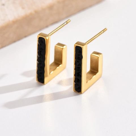 Titanium Steel Geometric Rectangular Hoop Earrings Gold Plated Inlaid Rhinestone J-Shaped Stud Earrings For Women Jewelry