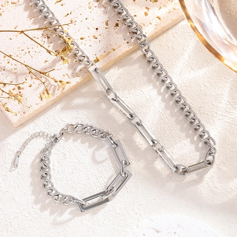 Minimalistisch Titaniumstaal Cubaanse Schakel Splicing Halsketting Armband Sieradenset Voor Vrouwen Hiphop Punk Sieraden