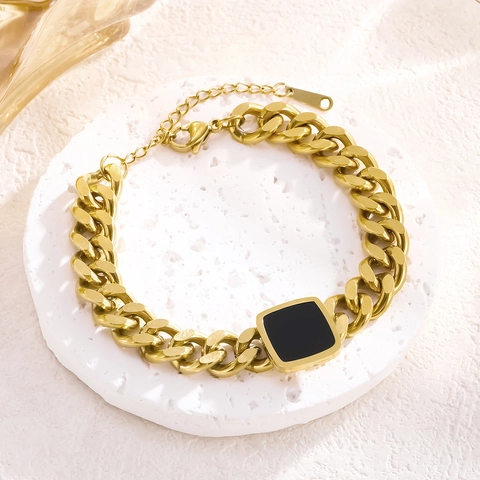 Set Collana e Bracciale a Catena Cubana Dorata da Donna in Acciaio Inossidabile con Ciondolo Quadrato Smalto Nero Punk Gioielli