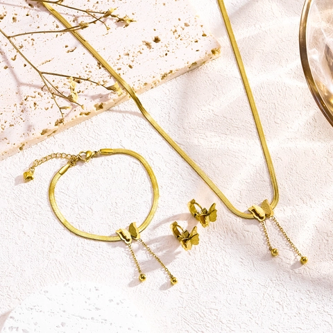 Set di Gioielli a Farfalla in Acciaio Inossidabile Placcato Oro Catena a Serpente Collana Bracciale Orecchini Con Nappina da Donna