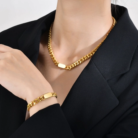 Bracelet Collier en Acier Inoxydable Maillons Cubains pour Femmes Minimaliste Hip Hop Plaque ID Chaîne Or Argent Bijoux