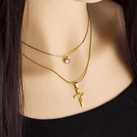 Doppelreihige Halskette Edelstahl Vergoldet Mit Kreuzanhänger Und Zirkonia Schlangenkette Minimalistisch Vintage Für Damen
