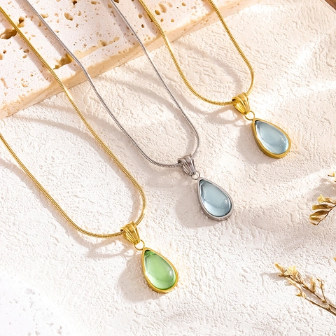 Collana a Goccia in Acciaio al Titanio Vintage Francese Pendente Oro Argento Placcato Blu Verde Catenina Clavicola Gioielli Donna
