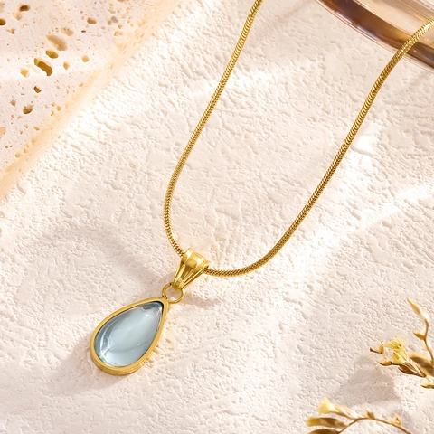 Collana a Goccia in Acciaio al Titanio Vintage Francese Pendente Oro Argento Placcato Blu Verde Catenina Clavicola Gioielli Donna