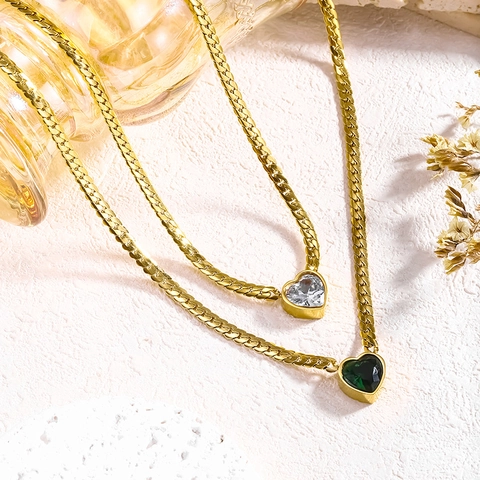 Stainless Steel Heart Pendant Necklace Bracelet Elegant Cuban Link Chain Gold Plated Rhinestone Lovable Choker For Party Women Jewelry