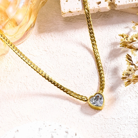 Stainless Steel Heart Pendant Necklace Bracelet Elegant Cuban Link Chain Gold Plated Rhinestone Lovable Choker For Party Women Jewelry