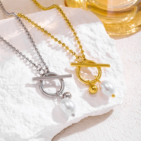 Collana con Pendente in Acciaio Inossidabile con Perla Artificial e Chiusura a T Oro Argento Catena a Sfere Gioielli Vintage per Donna