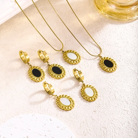Stainless Steel Gold Plated Oval Shell Pendant Necklace Earrings Jewelry For Women Vintage Geometric French Luxury Design